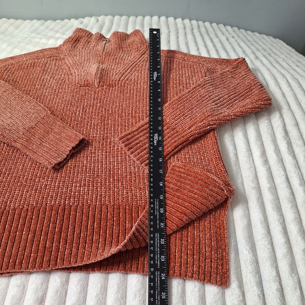 Cynthia Rowley Chenille Ribbed 1/4 Zip Moc Neck Pullover Sweater Womens L Rust - Picture 2 of 7